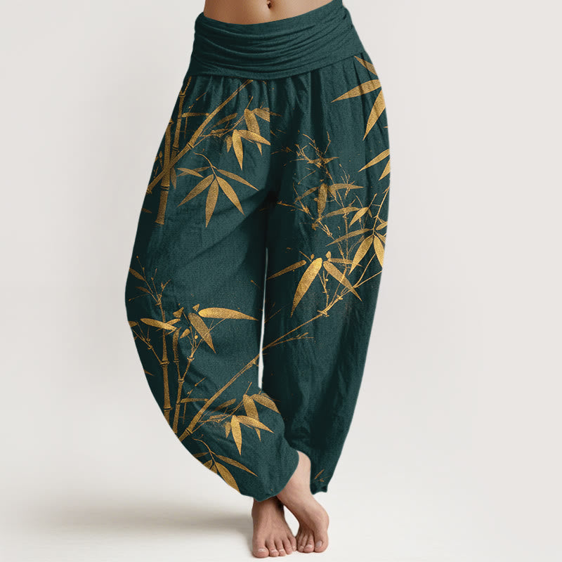 Buddha Stones Spodnie damskie typu harem z czystej bawełny w klasyczny wzór bambusa z elastyczną talią - Cyraneczka - US16, UK/AU20, EU48 (3XL) - image 0