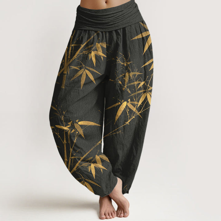 Buddha Stones Spodnie damskie typu harem z czystej bawełny w klasyczny wzór bambusa z elastyczną talią - Czarny - US16, UK/AU20, EU48 (3XL) - image 8