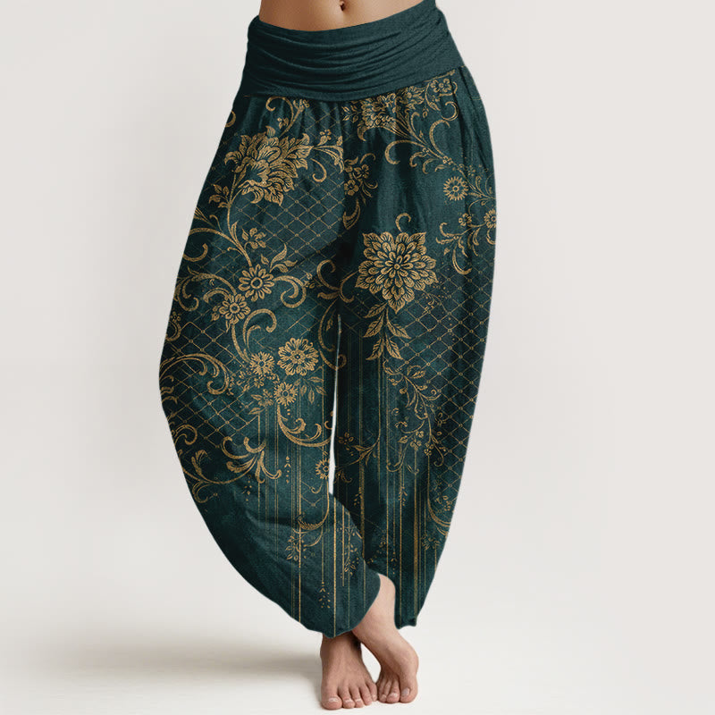 Buddha Stones Spodnie damskie haremki z elastycznej talii z czystej bawełny w klasyczny wzór z motywem liści i kwiatów - Ciemnozielony - US16, UK/AU20, EU48 (3XL) - image 0