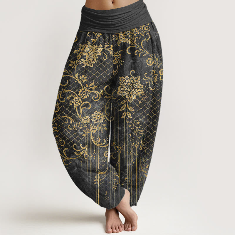 Buddha Stones Spodnie damskie haremki z elastycznej talii z czystej bawełny w klasyczny wzór z motywem liści i kwiatów - DimGray - US16, UK/AU20, EU48 (3XL) - image 5