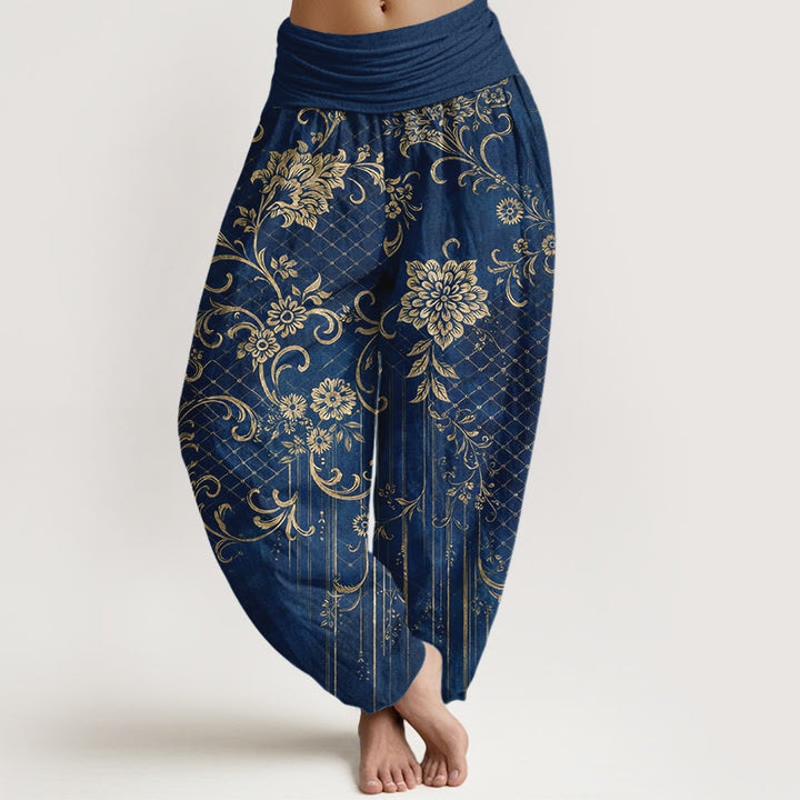 Buddha Stones Spodnie damskie haremki z elastycznej talii z czystej bawełny w klasyczny wzór z motywem liści i kwiatów - Ciemnoniebieski - US16, UK/AU20, EU48 (3XL) - image 8