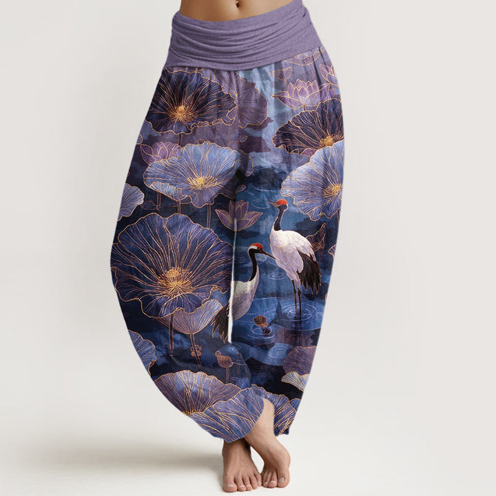 Buddha Stones Eleganckie spodnie haremki damskie z elastycznej talii z motywem liścia lotosu w czystej bawełnie - Średniofioletowy - US16, UK/AU20, EU48 (3XL) - image 5