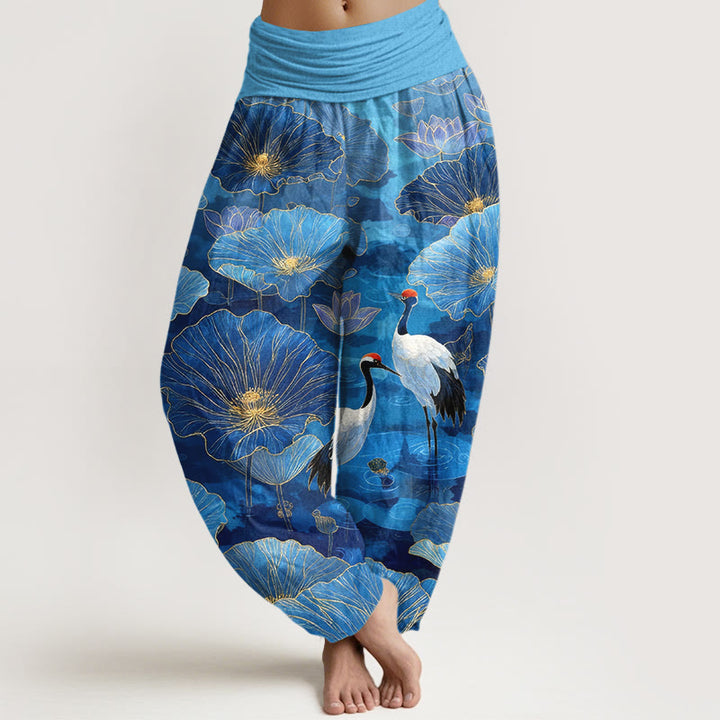 Buddha Stones Eleganckie spodnie haremki damskie z elastycznej talii z motywem liścia lotosu w czystej bawełnie - DeepSkyBlue - US16, UK/AU20, EU48 (3XL) - image 8