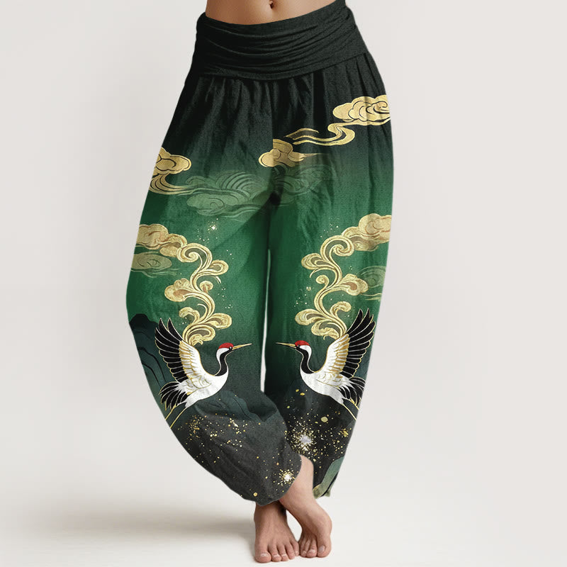 Buddha Stones Czysta bawełna, kolorowe, damskie spodnie haremowe z elastyczną talią i wzorem w chmury i żurawie - Zielony - US16, UK/AU20, EU48 (3XL) - image 5
