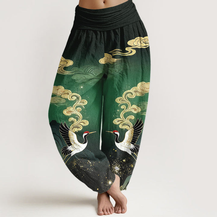 Buddha Stones Czysta bawełna, kolorowe, damskie spodnie haremowe z elastyczną talią i wzorem w chmury i żurawie - Zielony - US16, UK/AU20, EU48 (3XL) - image 5