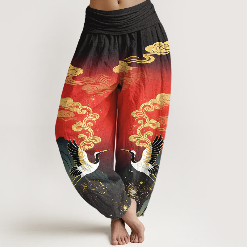 Buddha Stones Czysta bawełna, kolorowe, damskie spodnie haremowe z elastyczną talią i wzorem w chmury i żurawie - Czerwony - US16, UK/AU20, EU48 (3XL) - image 8