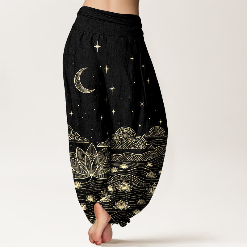 Buddha Stones Eleganckie spodnie haremowe damskie z elastyczną talią i wzorem w kwiaty lotosu i gwiazdy księżyca z czystej bawełny - image 1