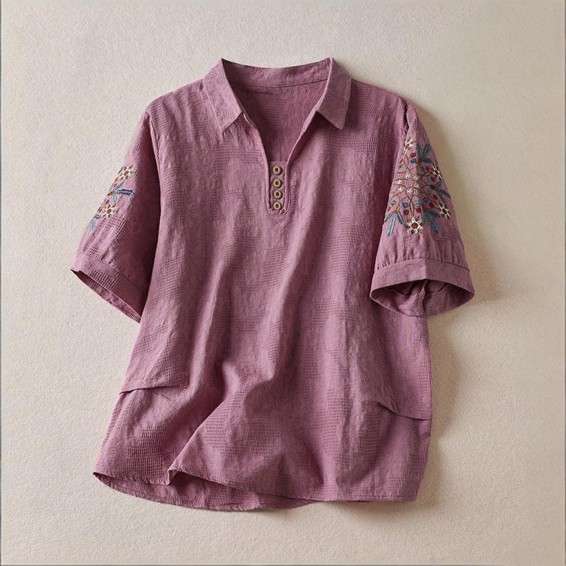 Buddha Stones Luźna damska bawełniana koszulka z klapami i kwiatowym wzorem - MediumOrchid - US12, UK/AU16, EU44 (3XL) - image 0