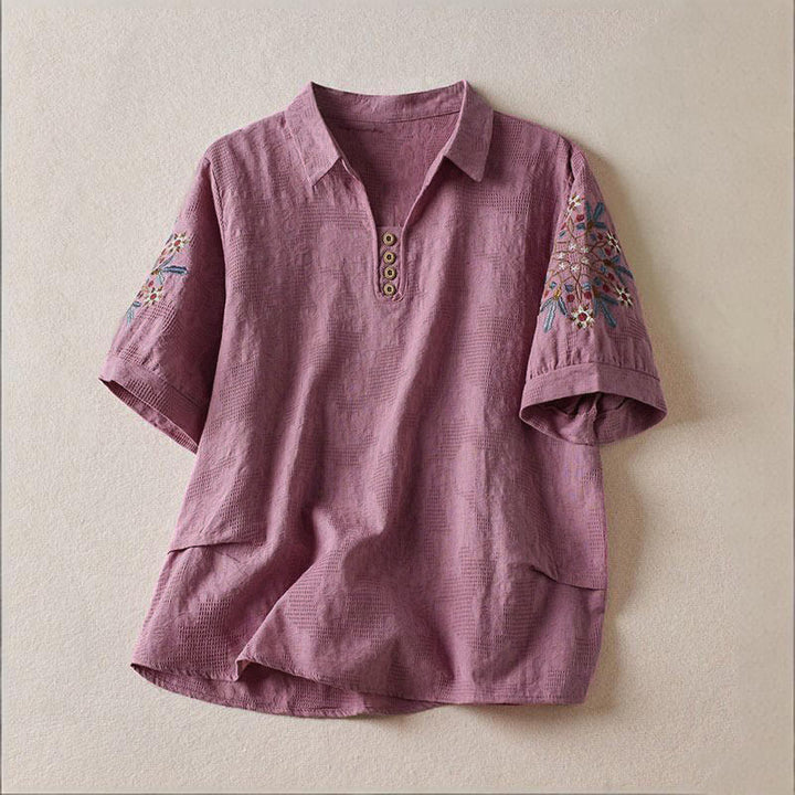 Buddha Stones Luźna damska bawełniana koszulka z klapami i kwiatowym wzorem - MediumOrchid - US12, UK/AU16, EU44 (3XL) - image 0