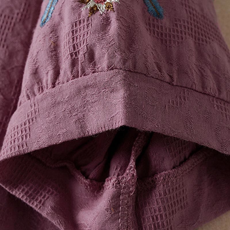 Buddha Stones Luźna damska bawełniana koszulka z klapami i kwiatowym wzorem - image 3