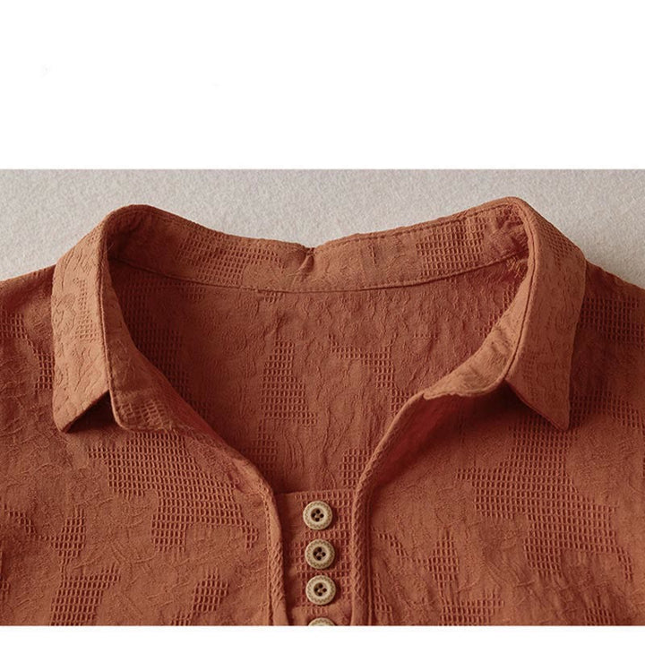 Buddha Stones Luźna damska bawełniana koszulka z klapami i kwiatowym wzorem - image 22