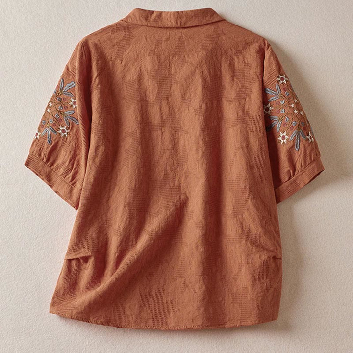 Buddha Stones Luźna damska bawełniana koszulka z klapami i kwiatowym wzorem - image 16