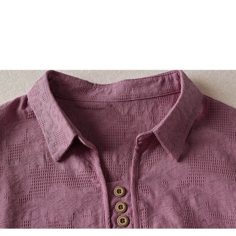 Buddha Stones Luźna damska bawełniana koszulka z klapami i kwiatowym wzorem - image 7