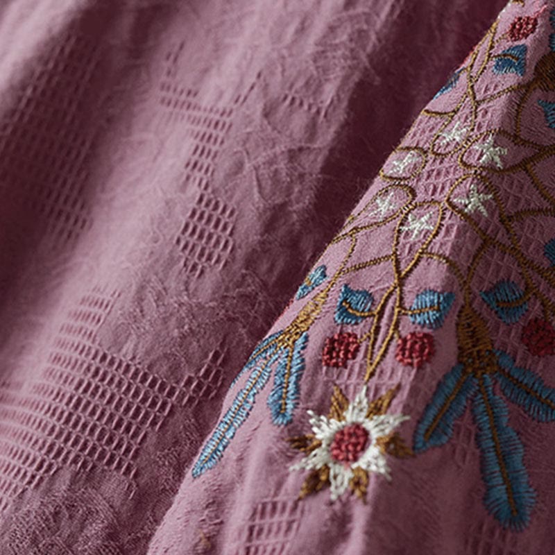 Buddha Stones Luźna damska bawełniana koszulka z klapami i kwiatowym wzorem - image 4