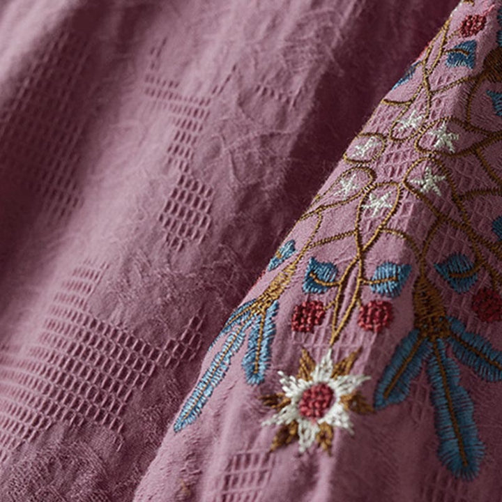 Buddha Stones Luźna damska bawełniana koszulka z klapami i kwiatowym wzorem - image 4