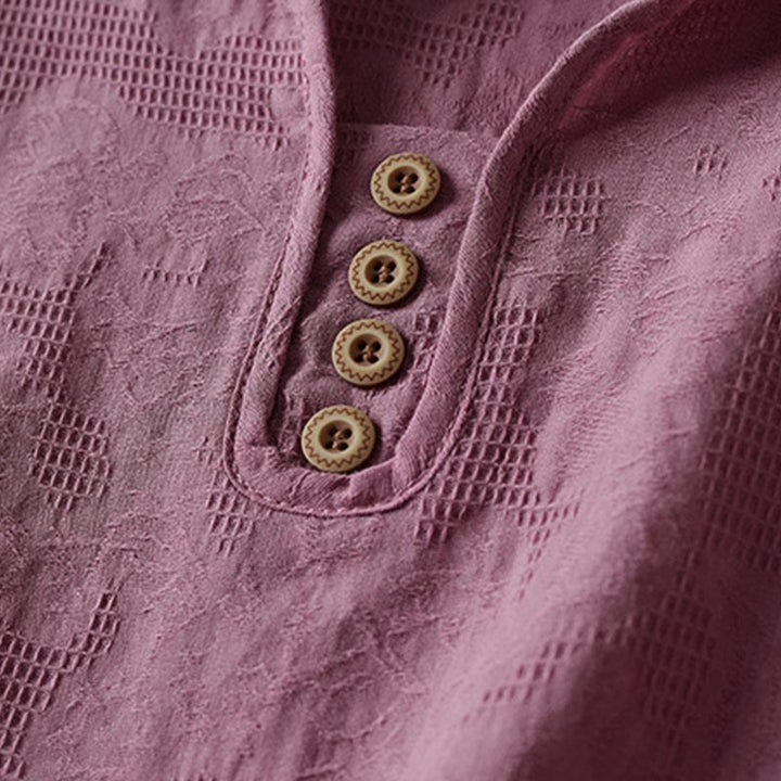 Buddha Stones Luźna damska bawełniana koszulka z klapami i kwiatowym wzorem - image 2