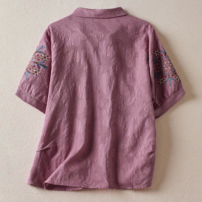 Buddha Stones Luźna damska bawełniana koszulka z klapami i kwiatowym wzorem - image 1