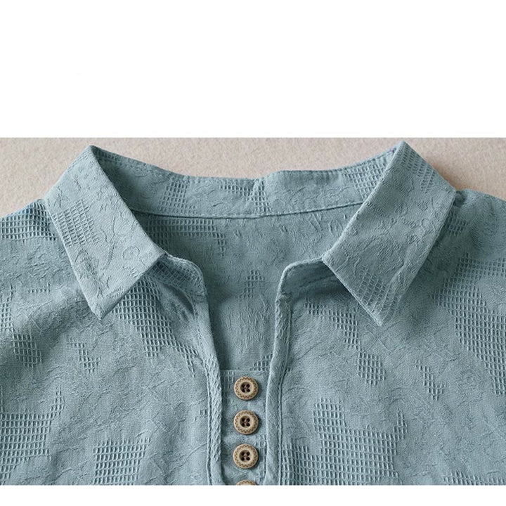 Buddha Stones Luźna damska bawełniana koszulka z klapami i kwiatowym wzorem - image 14