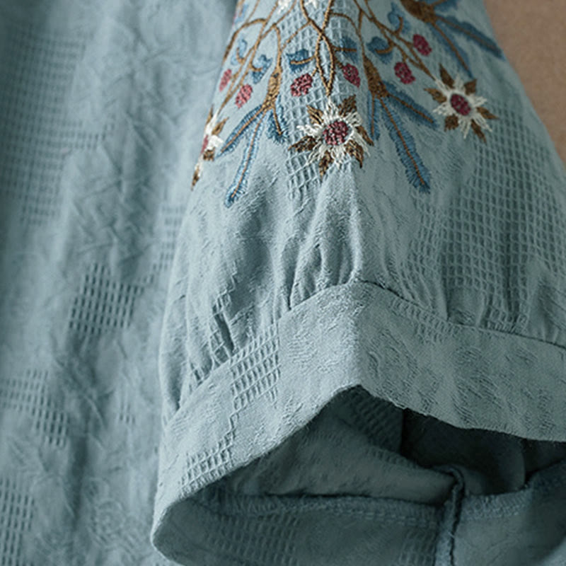 Buddha Stones Luźna damska bawełniana koszulka z klapami i kwiatowym wzorem - image 10