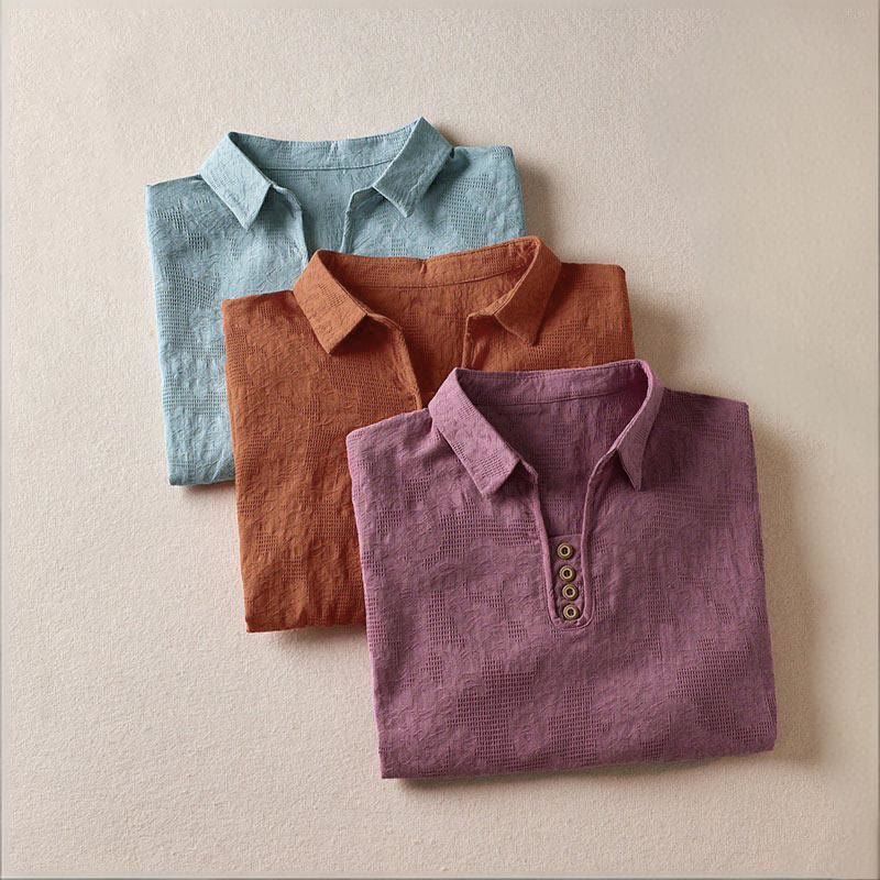 Buddha Stones Luźna damska bawełniana koszulka z klapami i kwiatowym wzorem - image 23