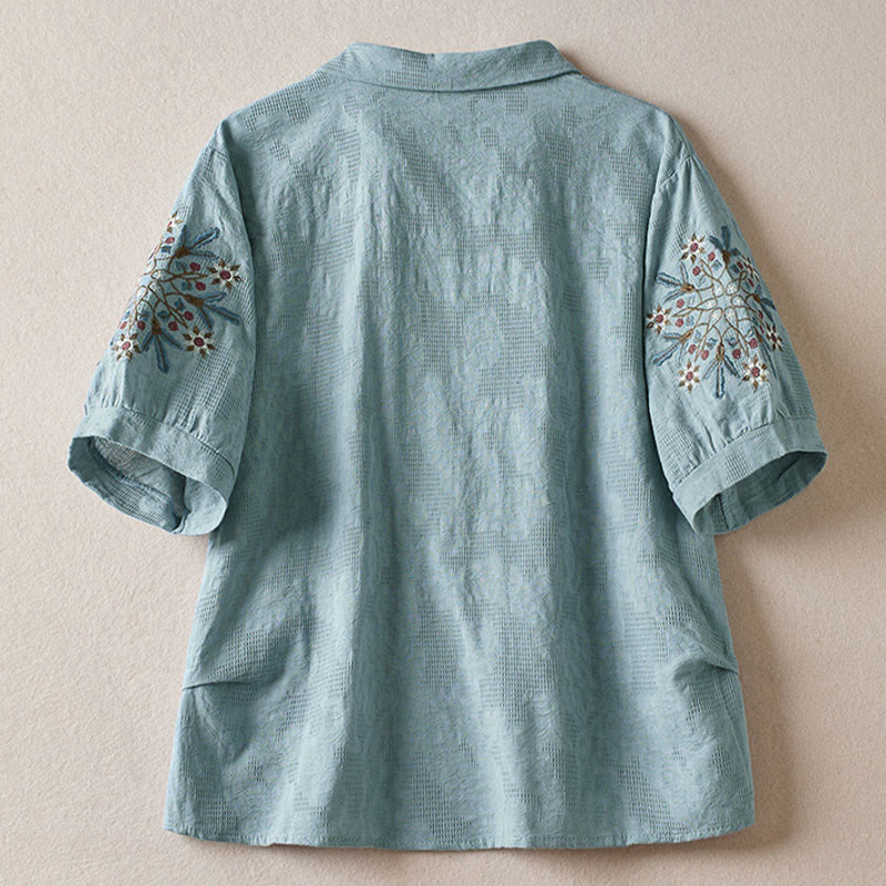 Buddha Stones Luźna damska bawełniana koszulka z klapami i kwiatowym wzorem - image 9