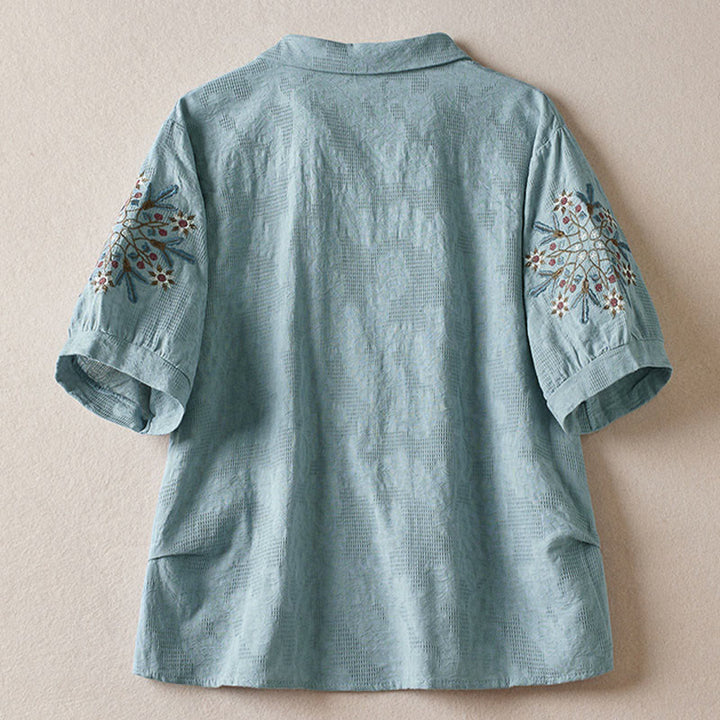 Buddha Stones Luźna damska bawełniana koszulka z klapami i kwiatowym wzorem - image 9