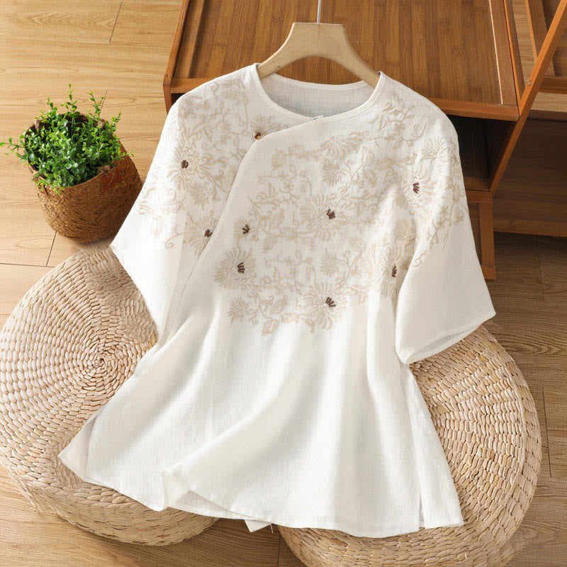 Buddha Stones Luźna damska bawełniana koszulka z okrągłym dekoltem i kwiatowym wzorem - Biały - US8-10，UK/AU12-14，EU40-42 (2XL) - image 0