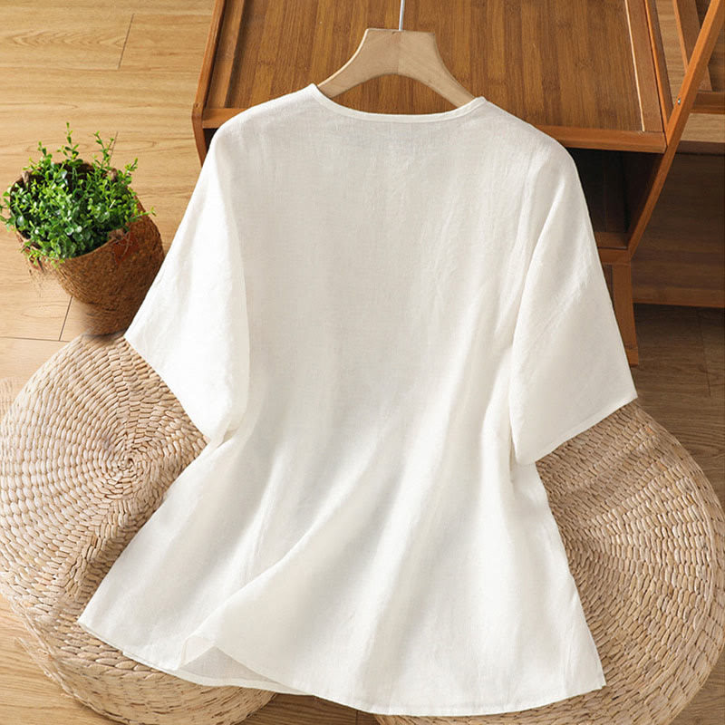 Buddha Stones Luźna damska bawełniana koszulka z okrągłym dekoltem i kwiatowym wzorem - image 1