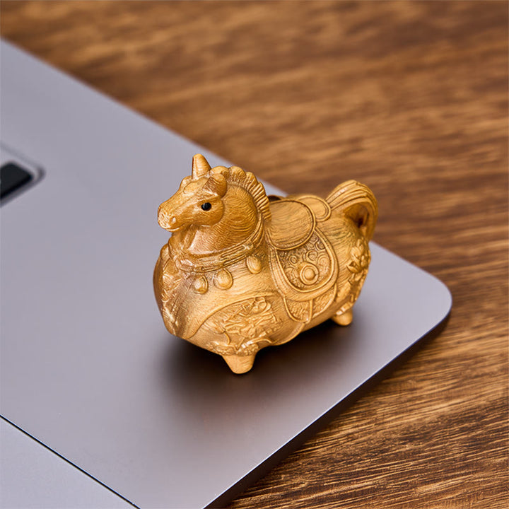 Buddha Stones Miniaturowy Rok Konia Lotos Hebanowy Drewno Lipowe Dekoracja z Zielonego Drzewa Sandałowego 5,5*5*3,2 cm - image 18