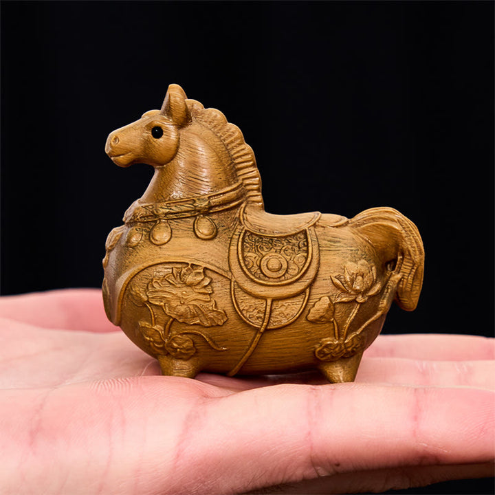 Buddha Stones Miniaturowy Rok Konia Lotos Hebanowy Drewno Lipowe Dekoracja z Zielonego Drzewa Sandałowego 5,5*5*3,2 cm - image 16