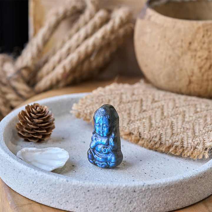 Buddha Stones Figurka Buddy z naturalnego labradorytu, dekoracja domu - image 5