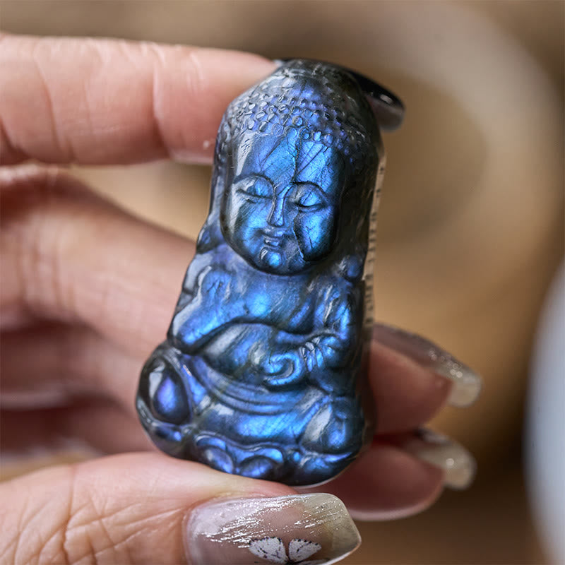 Buddha Stones Figurka Buddy z naturalnego labradorytu, dekoracja domu - image 4