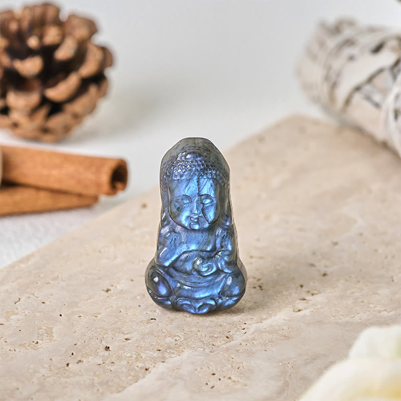 Buddha Stones Figurka Buddy z naturalnego labradorytu, dekoracja domu - image 1