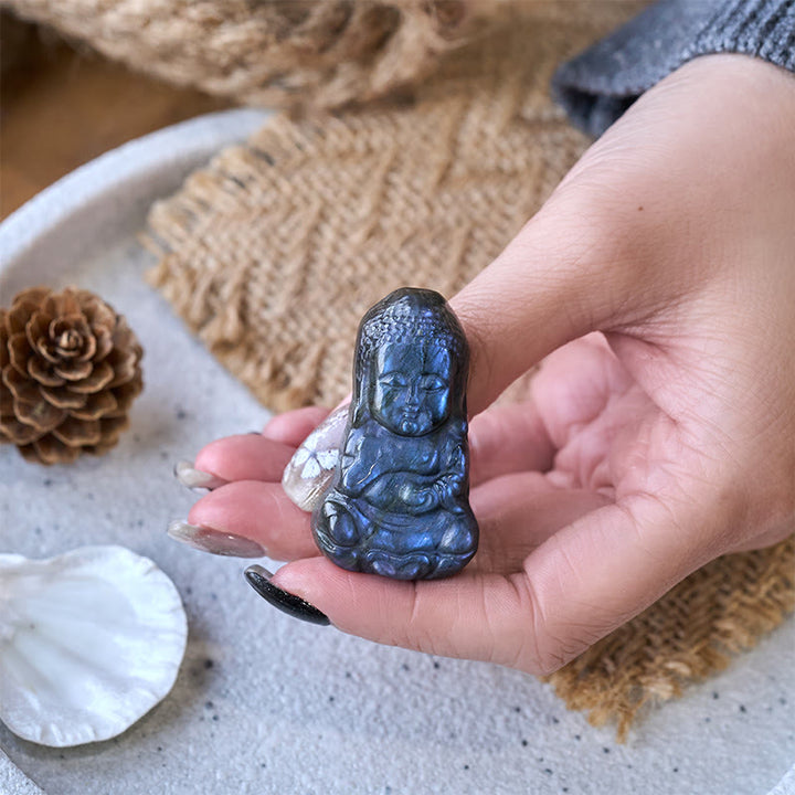 Buddha Stones Figurka Buddy z naturalnego labradorytu, dekoracja domu - image 3