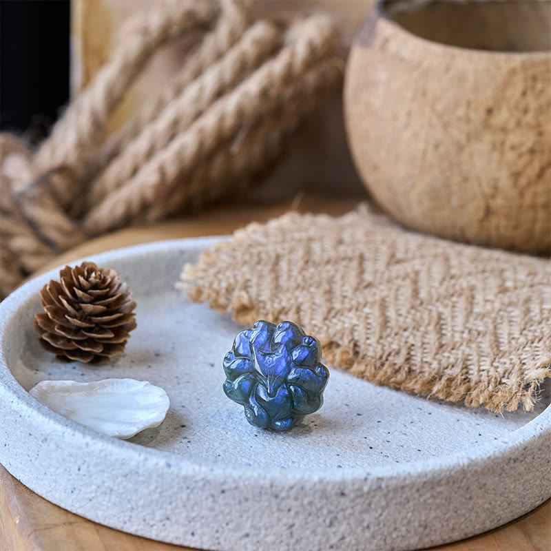 Buddha Stones Rzeźbiona dziewięcioogoniasta figurka z labradorytu, mądrość i uzdrawiająca dekoracja - image 5