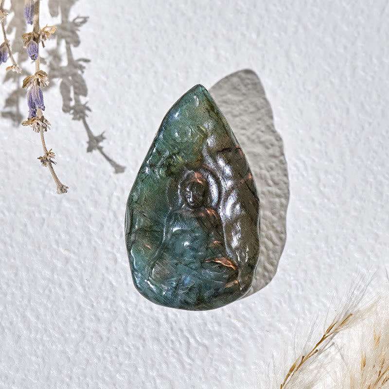 Buddha Stones Grawerowany Budda z naturalnego labradorytu w kształcie łzy, figurka, dekoracja domu - image 1