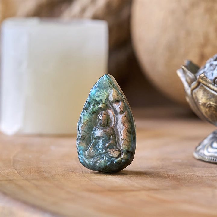 Buddha Stones Grawerowany Budda z naturalnego labradorytu w kształcie łzy, figurka, dekoracja domu - image 2