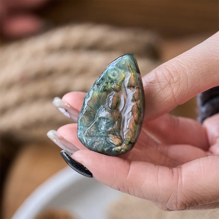 Buddha Stones Grawerowany Budda z naturalnego labradorytu w kształcie łzy, figurka, dekoracja domu - image 3