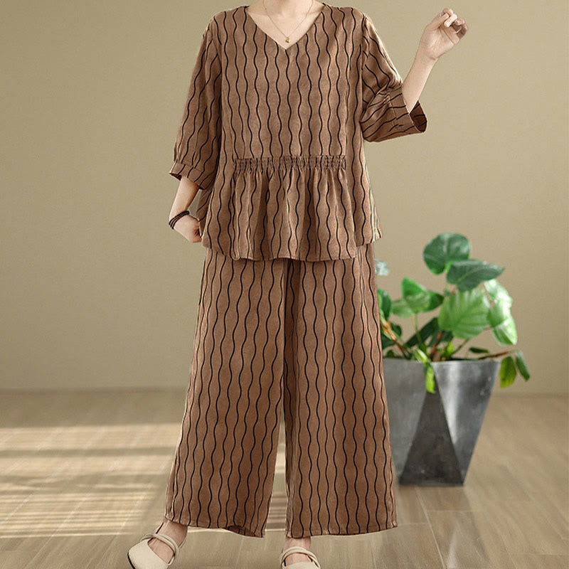 Buddha Stones 2-częściowy zestaw koszul z krótkim rękawem w paski, poliestrowy, spodnie haremowe o długości 7, z kieszenią - Peru - US12, UK/AU16, EU44 (3XL) - image 0