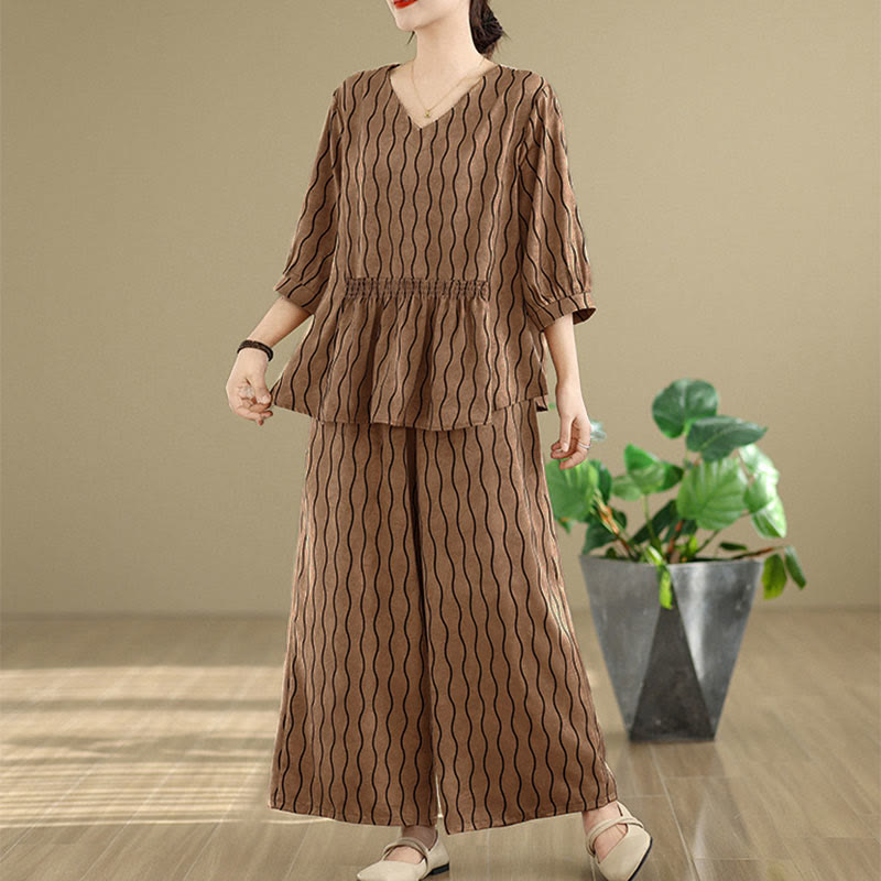 Buddha Stones 2-częściowy zestaw koszul z krótkim rękawem w paski, poliestrowy, spodnie haremowe o długości 7, z kieszenią - image 1