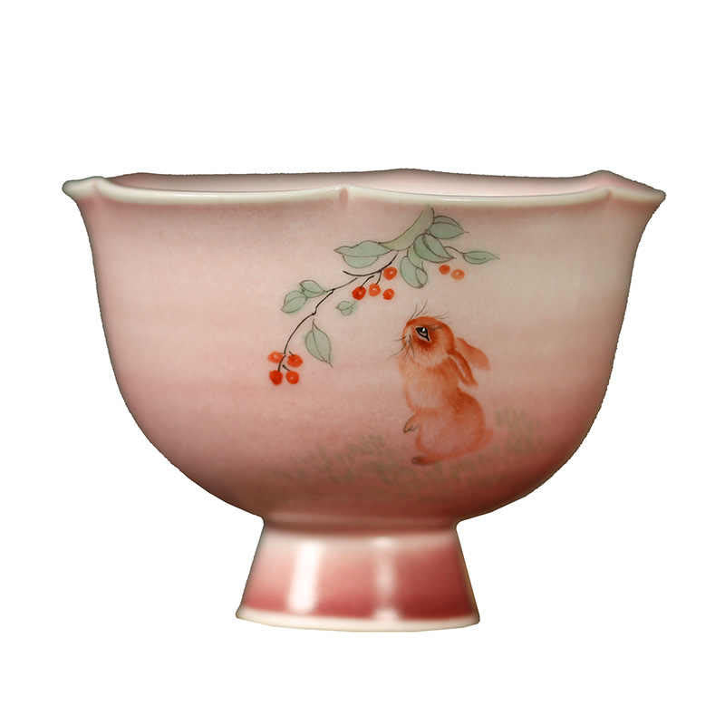 Buddha Stones Ręcznie malowana ceramiczna filiżanka do herbaty Kung Fu z motywem królika i orchidei w kształcie begonii, 75 ml - image 4