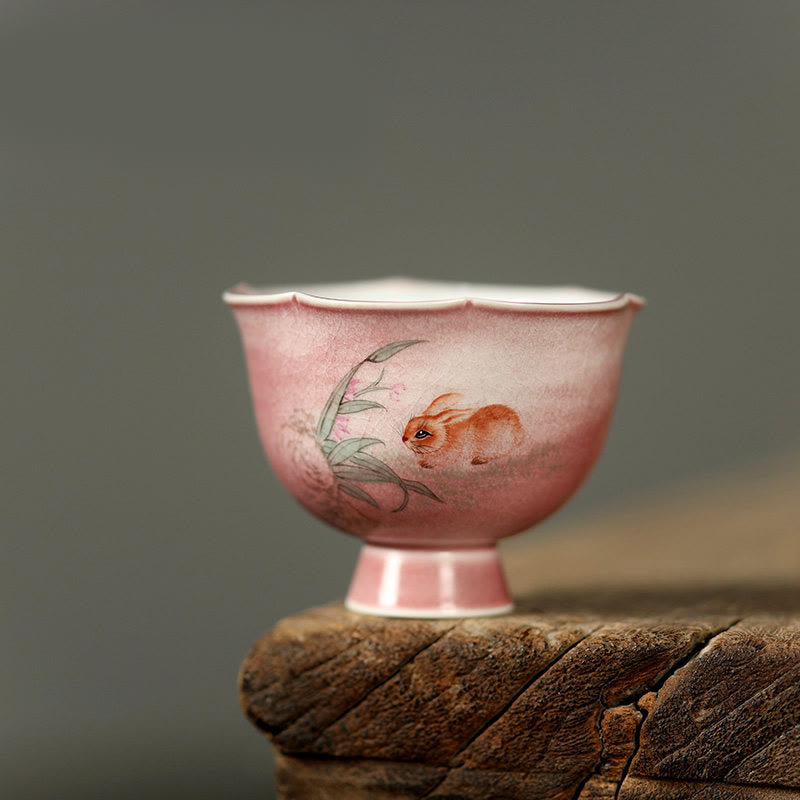 Buddha Stones Ręcznie malowana ceramiczna filiżanka do herbaty Kung Fu z motywem królika i orchidei w kształcie begonii, 75 ml - Kwiat orchidei królika 7,3 cm * 5,5 cm * 75 ml - image 0