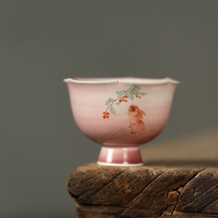 Buddha Stones Ręcznie malowana ceramiczna filiżanka do herbaty Kung Fu z motywem królika i orchidei w kształcie begonii, 75 ml - Kwiat skaczący królik 7,3 cm * 5,5 cm * 75 ml - image 1