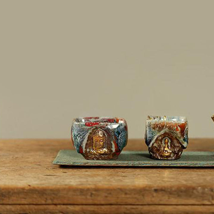 Buddha Stones Ręcznie malowana ceramiczna filiżanka do herbaty Kung Fu z medytującym Buddą Dunhuang Shino - image 15