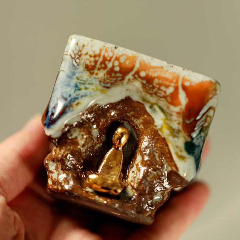 Buddha Stones Ręcznie malowana ceramiczna filiżanka do herbaty Kung Fu z medytującym Buddą Dunhuang Shino - image 1