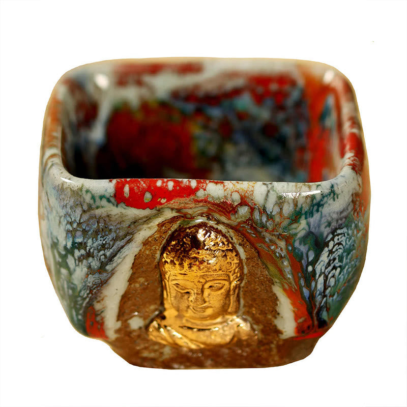 Buddha Stones Ręcznie malowana ceramiczna filiżanka do herbaty Kung Fu z medytującym Buddą Dunhuang Shino - image 13