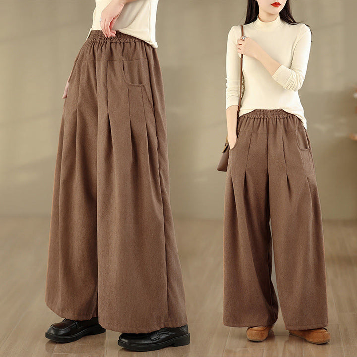 Buddha Stones Wiosenne, gładkie, brązowe, sztruksowe spodnie damskie z szerokimi nogawkami i kieszeniami - Peru - US8-10，UK/AU12-14，EU40-42 (2XL) - image 0