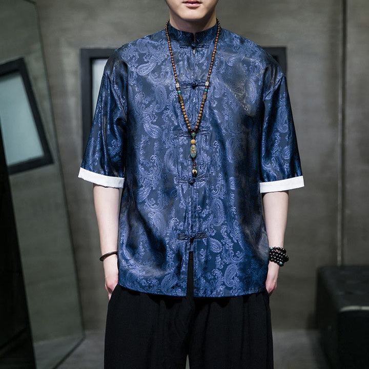 Buddha Stones Koszule męskie z krótkim rękawem i żabą, z wzorem w kwiaty nerkowca - RoyalBlue - US/UK/AU46， EU56 (5XL) - image 28