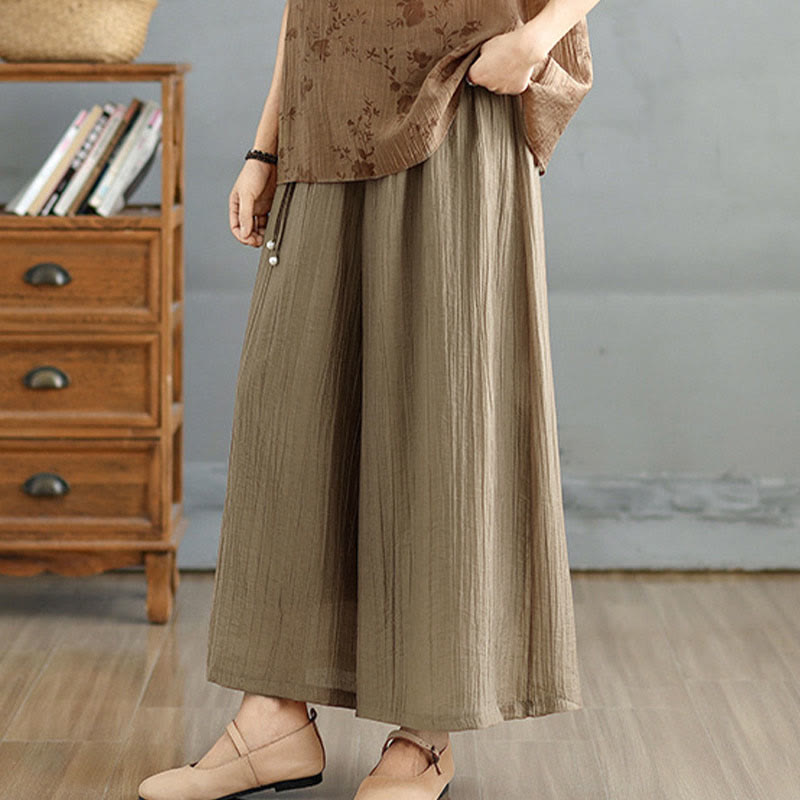 Buddha Stones Spodnie damskie Capri z szerokimi nogawkami i elastyczną talią w jednolitym kolorze - image 32