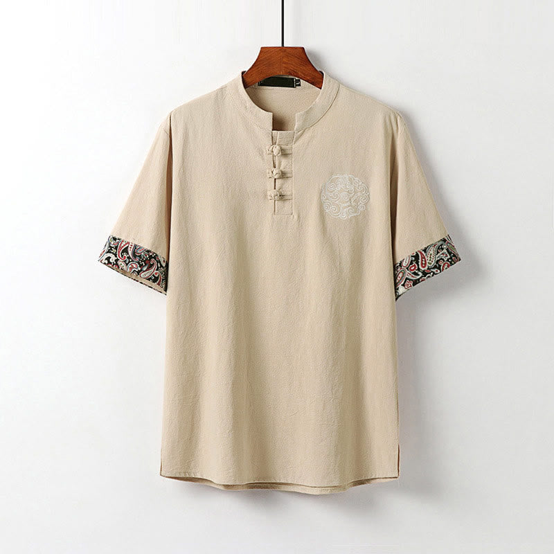 Buddha Stones Koszula męska z krótkim rękawem z bawełny i lnu, z haftem "Letnia żaba" i "Pomyślne chmury" - For - US/UK/AU54， EU64 (9XL) - image 12